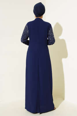 Önü ve Kolu Taş Süslemeli Elbise Lacivert - Tesettür Elbise