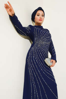 Önü ve Kolu Taş Süslemeli Elbise Lacivert - Tesettür Elbise