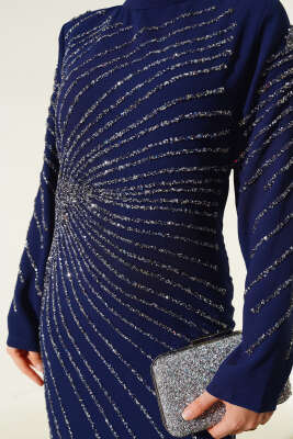 Önü ve Kolu Taş Süslemeli Elbise Lacivert - Tesettür Elbise