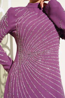 Önü ve Kolu Taş Süslemeli Elbise Magenta - Tesettür Elbise