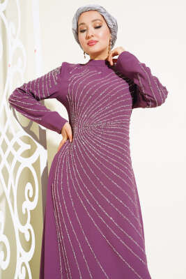 Önü ve Kolu Taş Süslemeli Elbise Magenta - Tesettür Elbise