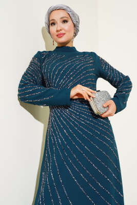 Önü ve Kolu Taş Süslemeli Elbise Petrol - Tesettür Elbise
