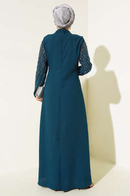 Önü ve Kolu Taş Süslemeli Elbise Petrol - Tesettür Elbise