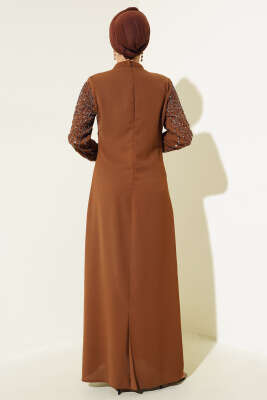 Önü ve Kolu Taş Süslemeli Elbise Taba - Tesettür Elbise