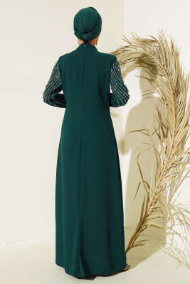 Önü ve Kolu Taş Süslemeli Elbise Zümrüt - Tesettür Elbise