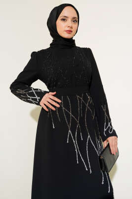Önü ve Kolu Taşlı Büyük Beden Elbise Siyah - Tesettür Elbise