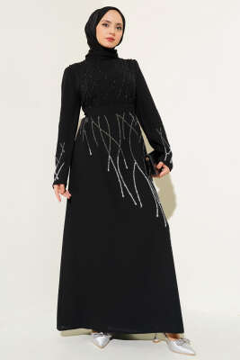 Önü ve Kolu Taşlı Büyük Beden Elbise Siyah - Tesettür Elbise