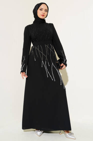 Önü ve Kolu Taşlı Büyük Beden Elbise Siyah - Tesettür Elbise