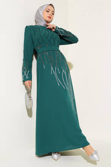 Önü ve Kolu Taşlı Büyük Beden Elbise Zümrüt - Tesettür Elbise
