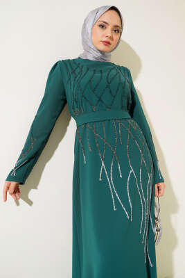 Önü ve Kolu Taşlı Büyük Beden Elbise Zümrüt - Tesettür Elbise