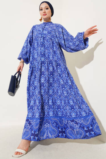 Önü Yarım Düğmeli Desenli Kat Elbise Lacivert - Tesettür Elbise