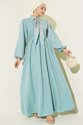 Önü Yarım Düğmeli Fularlı Elbise Çağla Yeşili - HATUN