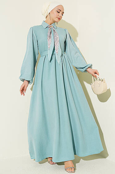 Önü Yarım Düğmeli Fularlı Elbise Çağla Yeşili - Elbise