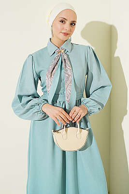 Önü Yarım Düğmeli Fularlı Elbise Çağla Yeşili - Elbise