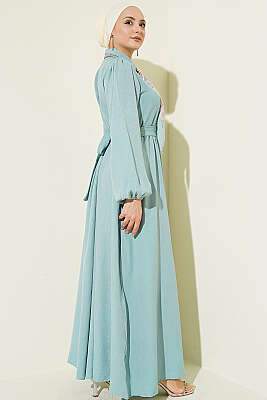 Önü Yarım Düğmeli Fularlı Elbise Çağla Yeşili - Elbise