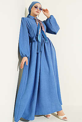 Önü Yarım Düğmeli Fularlı Elbise İndigo - HATUN