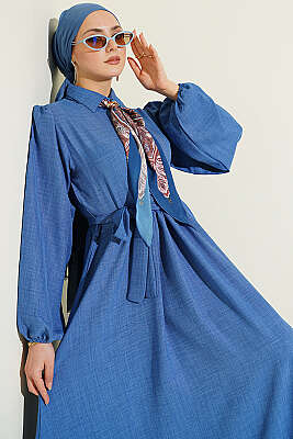 Önü Yarım Düğmeli Fularlı Elbise İndigo - Elbise