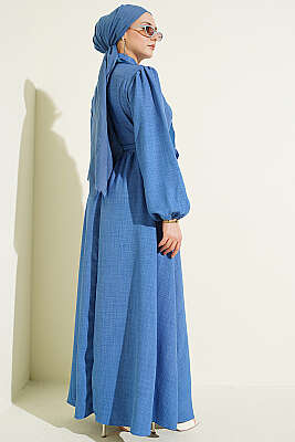 Önü Yarım Düğmeli Fularlı Elbise İndigo - Elbise