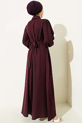 Önü Yarım Düğmeli Fularlı Elbise Mürdüm - Elbise