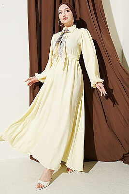 Önü Yarım Düğmeli Fularlı Elbise Sarı - Elbise