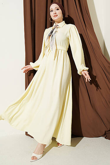 Önü Yarım Düğmeli Fularlı Elbise Sarı - Elbise