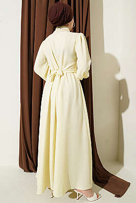 Önü Yarım Düğmeli Fularlı Elbise Sarı - Elbise