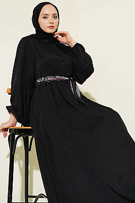 Önü Yarım Düğmeli Fularlı Elbise Siyah - HATUN