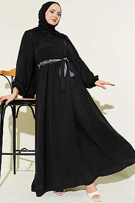 Önü Yarım Düğmeli Fularlı Elbise Siyah - Elbise