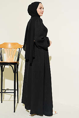 Önü Yarım Düğmeli Fularlı Elbise Siyah - Elbise