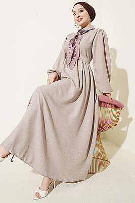 Önü Yarım Düğmeli Fularlı Elbise Vizon 