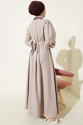 Önü Yarım Düğmeli Fularlı Elbise Vizon - Elbise