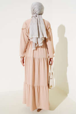 Önü Yarım Düğmeli Kat Kat Elbise Bej - Tesettür Elbise