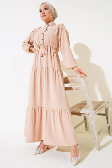 Önü Yarım Düğmeli Kat Kat Elbise Bisküvi - Elbise