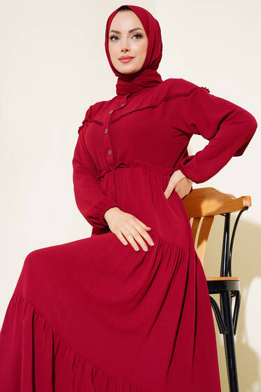Önü Yarım Düğmeli Kat Kat Elbise Bordo - Tesettür Elbise