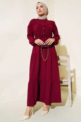 Önü Yarım Düğmeli Kat Kat Elbise Burgonya - Tesettür Elbise