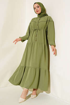 Önü Yarım Düğmeli Kat Kat Elbise Çağla Yeşili - Thumbnail