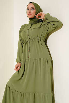 Önü Yarım Düğmeli Kat Kat Elbise Çağla Yeşili - Thumbnail