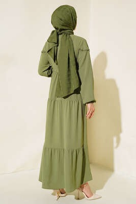 Önü Yarım Düğmeli Kat Kat Elbise Çağla Yeşili - Tesettür Elbise