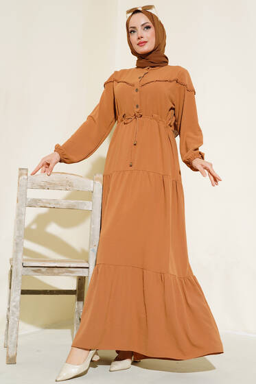 Önü Yarım Düğmeli Kat Kat Elbise Camel - Tesettür Elbise