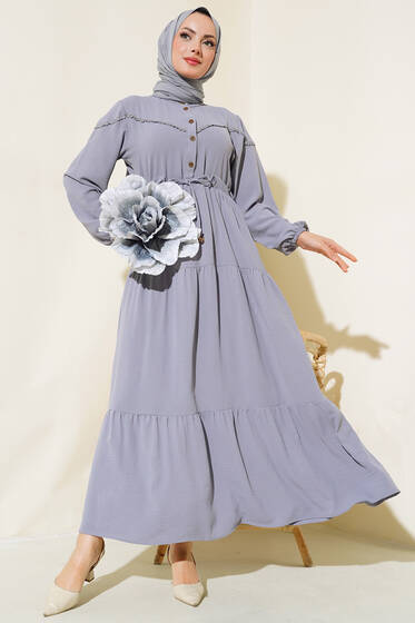 Önü Yarım Düğmeli Kat Kat Elbise Gri - Elbise