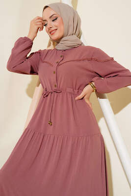 Önü Yarım Düğmeli Kat Kat Elbise Gül Kurusu - Tesettür Elbise