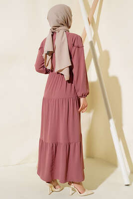 Önü Yarım Düğmeli Kat Kat Elbise Gül Kurusu - Tesettür Elbise