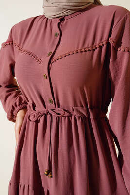 Önü Yarım Düğmeli Kat Kat Elbise Gül Kurusu - Tesettür Elbise