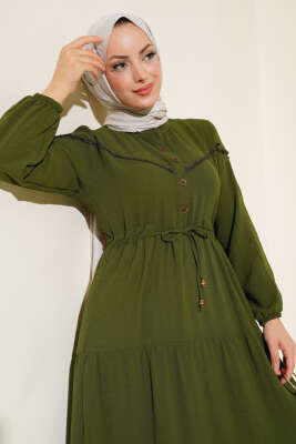 Önü Yarım Düğmeli Kat Kat Elbise Haki - Tesettür Elbise