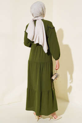 Önü Yarım Düğmeli Kat Kat Elbise Haki - Tesettür Elbise