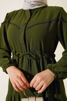 Önü Yarım Düğmeli Kat Kat Elbise Haki - Tesettür Elbise