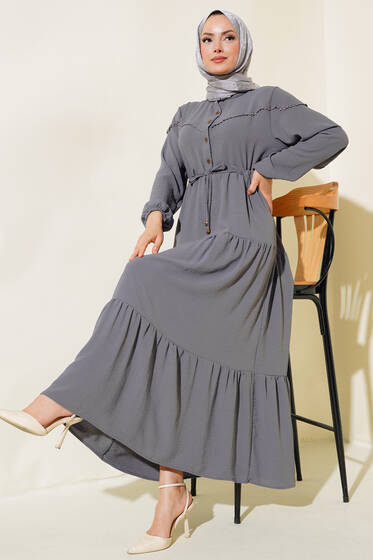 Önü Yarım Düğmeli Kat Kat Elbise Kayrak Grisi - Elbise