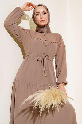 Önü Yarım Düğmeli Kat Kat Elbise Kestane - Tesettür Elbise