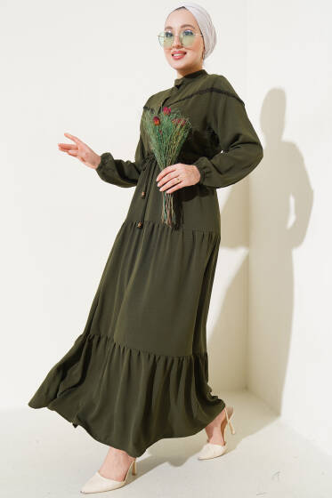 Önü Yarım Düğmeli Kat Kat Elbise Koyu Haki - Elbise