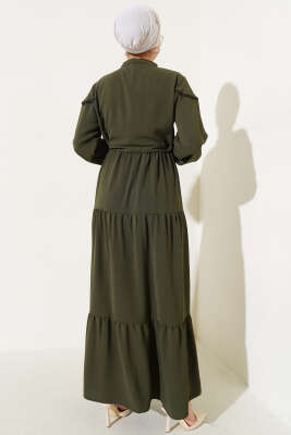 Önü Yarım Düğmeli Kat Kat Elbise Koyu Haki - Tesettür Elbise